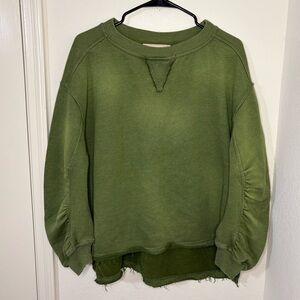 Free People We The Free Green Distressed Crewneck Sweatshirt with ruched Sleeves